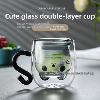 Dvigubo sienelių stiklinė su rankena, meškiuko piešinio dizainas, atspari temperatūrai, rankų darbo