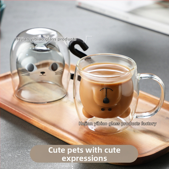 Dvigubo sienelių stiklinė su rankena, meškiuko piešinio dizainas, atspari temperatūrai, rankų darbo