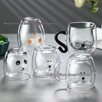Dvigubo sienelių stiklinė su rankena, meškiuko piešinio dizainas, atspari temperatūrai, rankų darbo