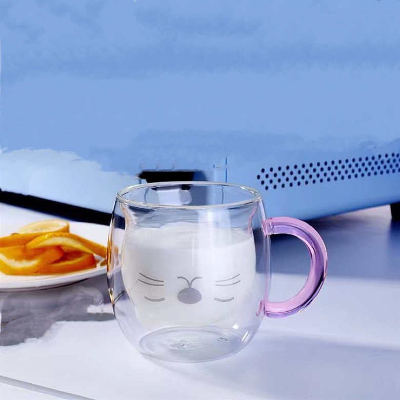 Dvigubo sienelių stiklinė su rankena, meškiuko piešinio dizainas, atspari temperatūrai, rankų darbo