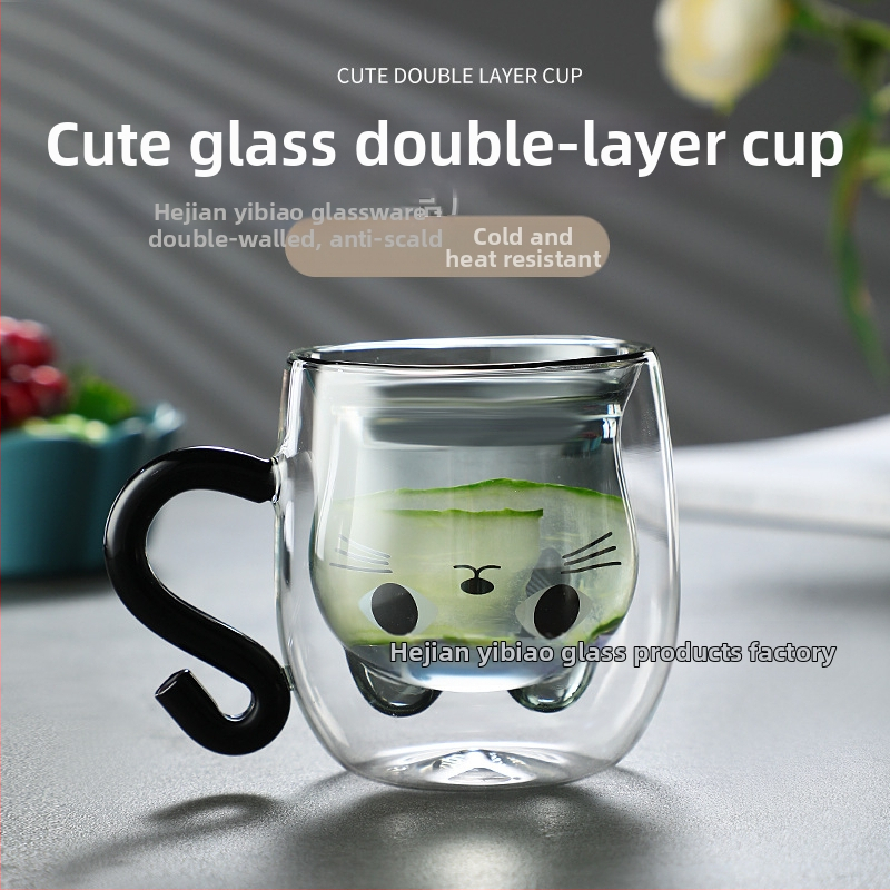 Dvigubo sienelių stiklinė su rankena, meškiuko piešinio dizainas, atspari temperatūrai, rankų darbo