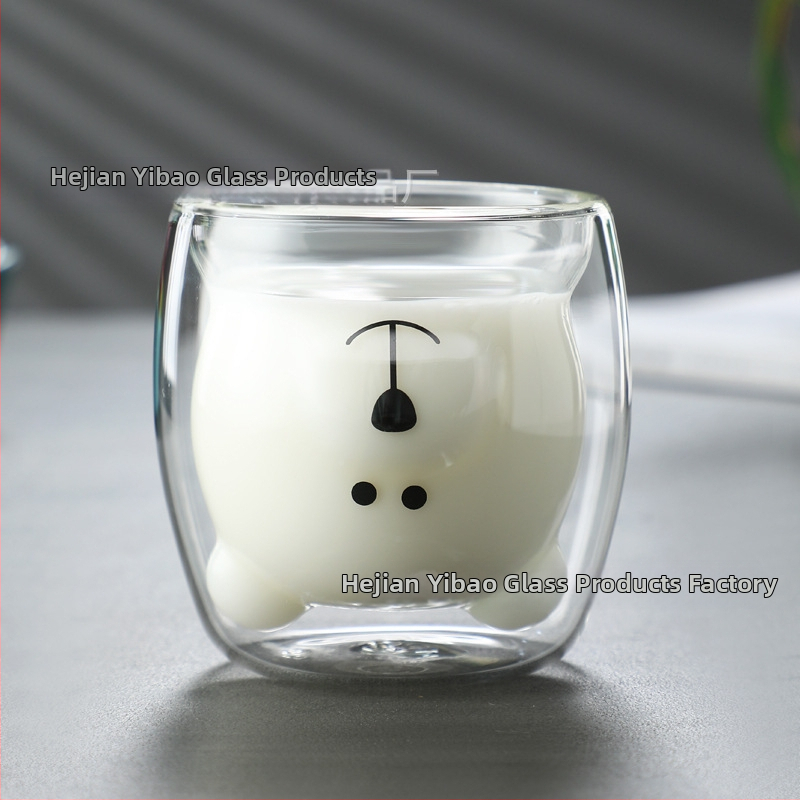 Dvigubo sienelių stiklinė su rankena, meškiuko piešinio dizainas, atspari temperatūrai, rankų darbo