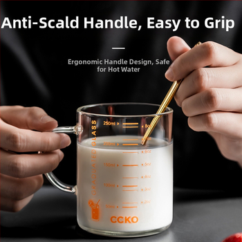 Vaikų pieno puodelis su matavimo skale, aukštos temperatūros atsparus borosilikatinio stiklo, mikrobangų krosnelėje tinkamas, su rankena