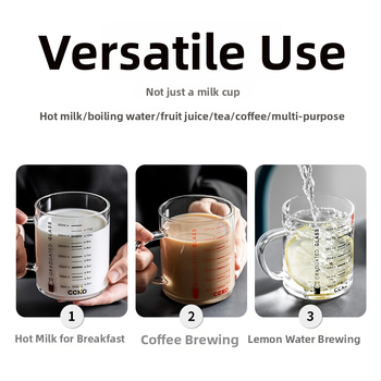 Vaikų pieno puodelis su matavimo skale, aukštos temperatūros atsparus borosilikatinio stiklo, mikrobangų krosnelėje tinkamas, su rankena
