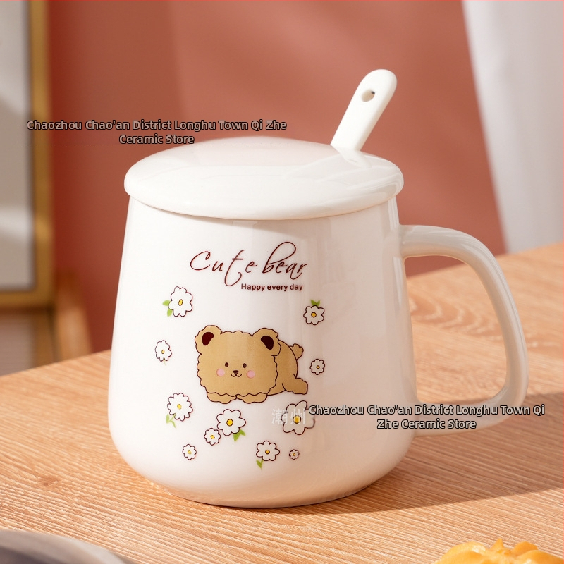 Keraminis puodelis su dangteliu ir šaukšteliu, cilindrinės formos, namų naudojimui