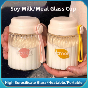 Japonų stiliaus borosilikatinio stiklo pusryčių puodelis su dangteliu, atsparus aukštai temperatūrai, nešiojamas