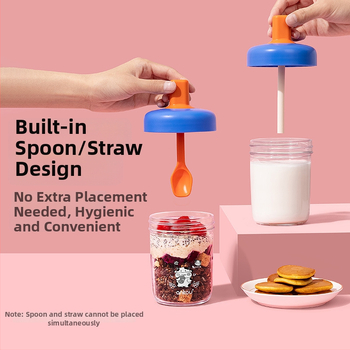 Avižinių dribsnių puodelis su dangteliu ir šaukšteliu; sandarus, nepralaidus; medžiaga: soda-lime stiklas; talpa 400 ml; svoris 335 g