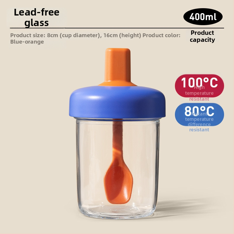 Avižinių dribsnių puodelis su dangteliu ir šaukšteliu; sandarus, nepralaidus; medžiaga: soda-lime stiklas; talpa 400 ml; svoris 335 g