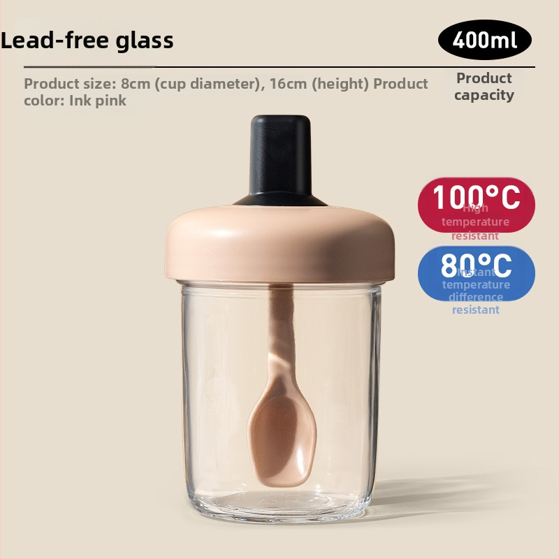 Avižinių dribsnių puodelis su dangteliu ir šaukšteliu; sandarus, nepralaidus; medžiaga: soda-lime stiklas; talpa 400 ml; svoris 335 g