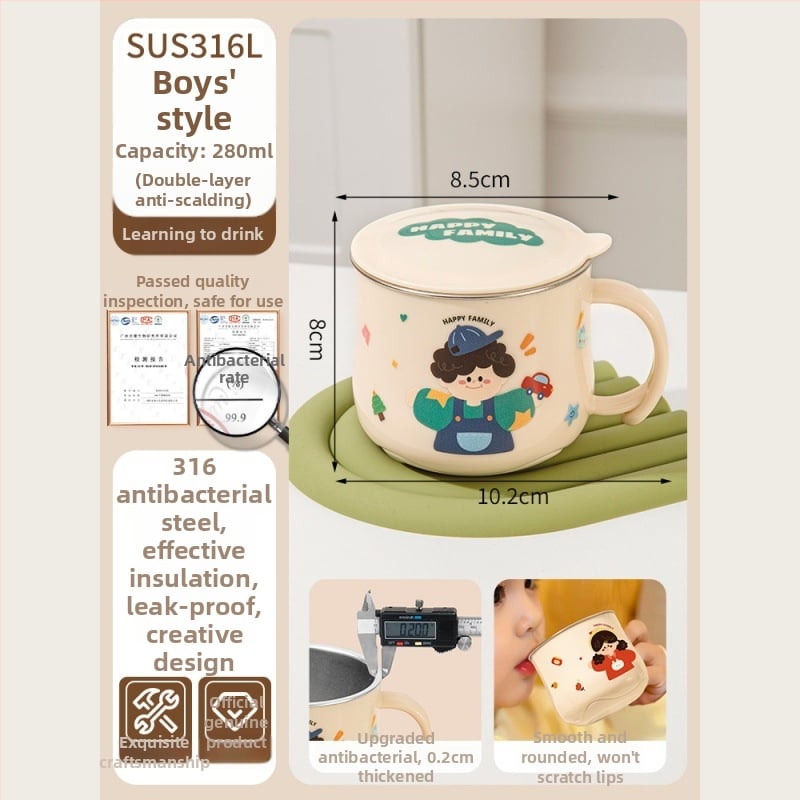 316L nerūdijančio plieno vaiko puodelis su dangteliu, maisto kokybės, mielas stilius (316L plienas; maisto kokybės; su dangteliu; vaikams; mielas stilius)