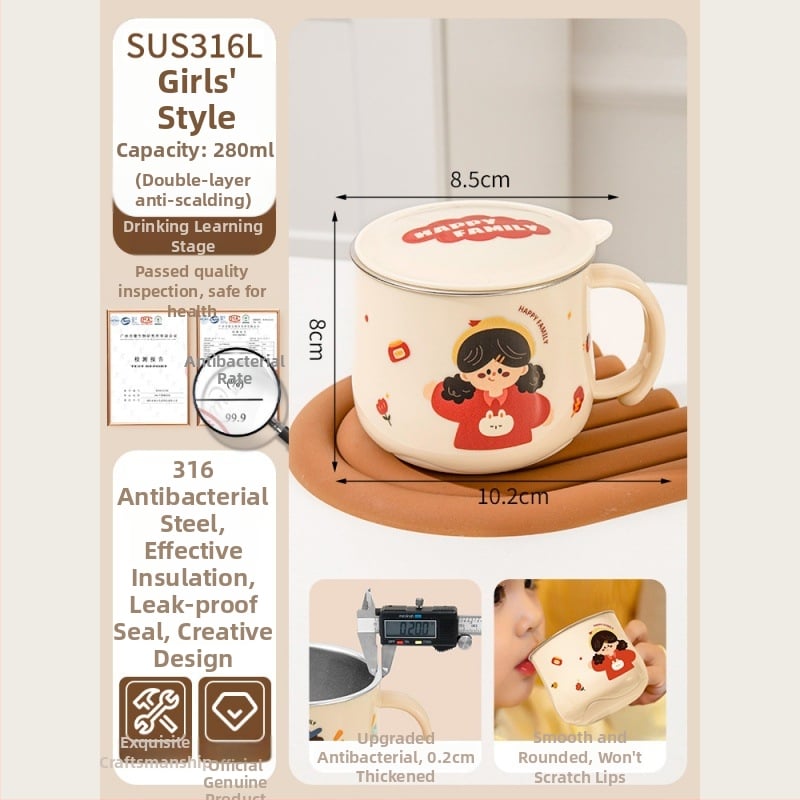 316L nerūdijančio plieno vaiko puodelis su dangteliu, maisto kokybės, mielas stilius (316L plienas; maisto kokybės; su dangteliu; vaikams; mielas stilius)