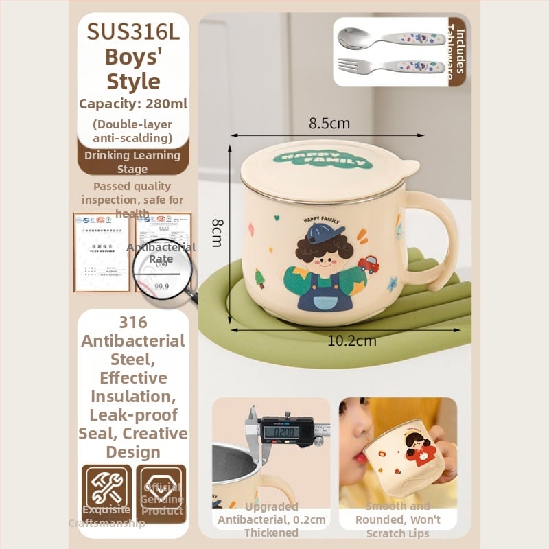 316L nerūdijančio plieno vaiko puodelis su dangteliu, maisto kokybės, mielas stilius (316L plienas; maisto kokybės; su dangteliu; vaikams; mielas stilius)