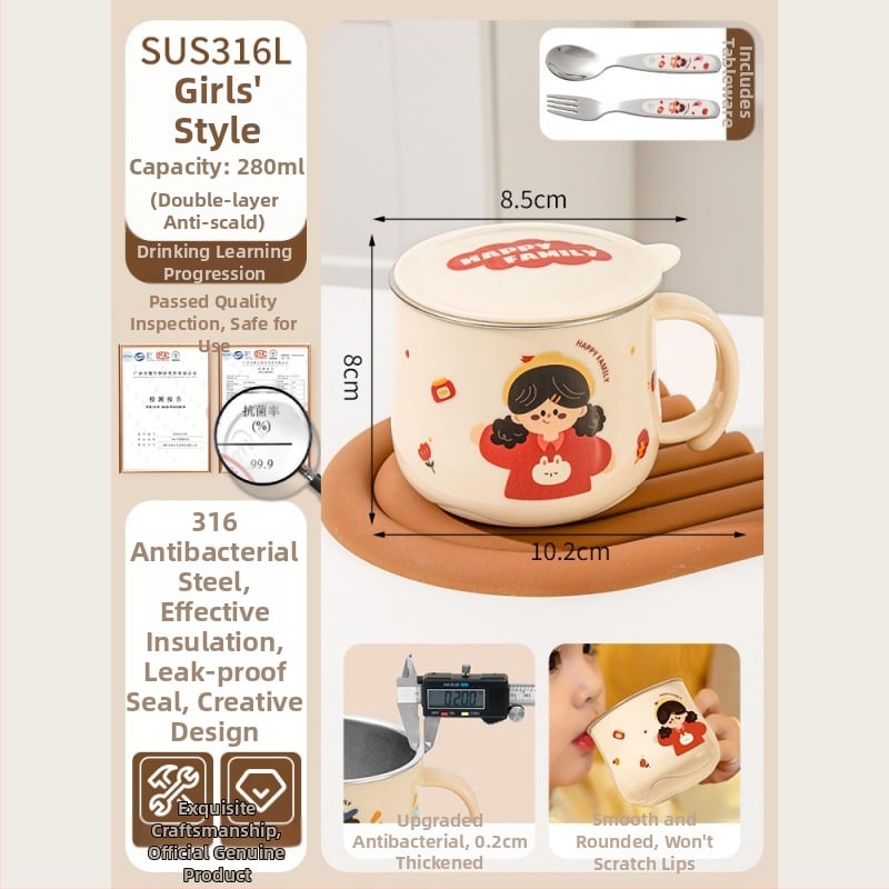 316L nerūdijančio plieno vaiko puodelis su dangteliu, maisto kokybės, mielas stilius (316L plienas; maisto kokybės; su dangteliu; vaikams; mielas stilius)