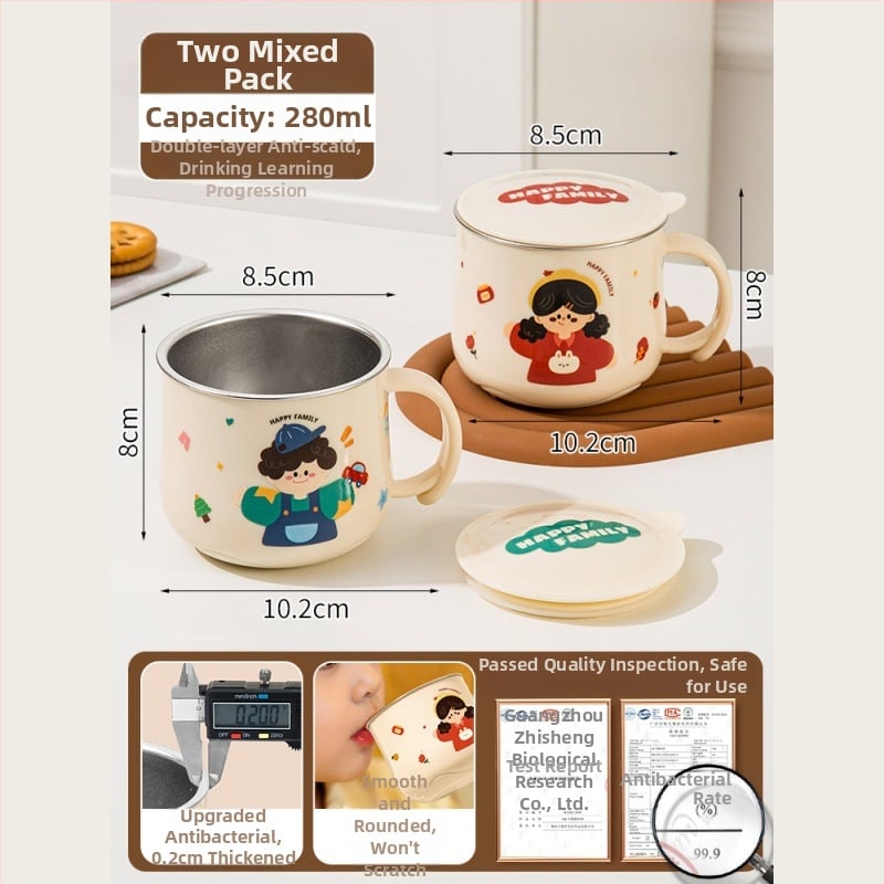 316L nerūdijančio plieno vaiko puodelis su dangteliu, maisto kokybės, mielas stilius (316L plienas; maisto kokybės; su dangteliu; vaikams; mielas stilius)