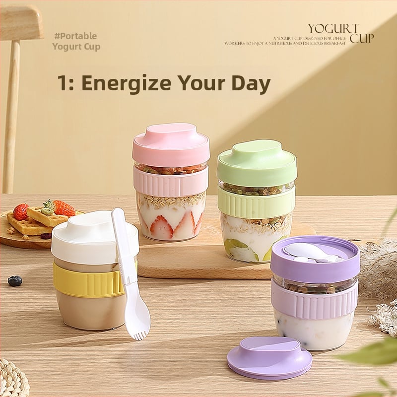 Avižinių dribsnių ir jogurto puodelis pusryčiams su dangteliu ir šaukšteliu — uždara, nešiojama, PP medžiaga, stilius Creative Trend