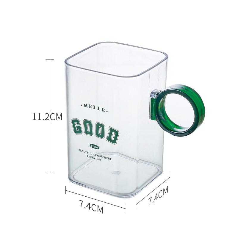 Plastikinis gėrimų puodelis su rankena, kvadratinė forma, PET medžiaga, 96 g, modernus minimalistinis stilius