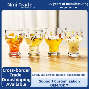 Stiklinė puodelis, aukštos borosilikato stiklo, apvali forma, karikatūros raštas, mielas stilius, logotipo spausdinimas