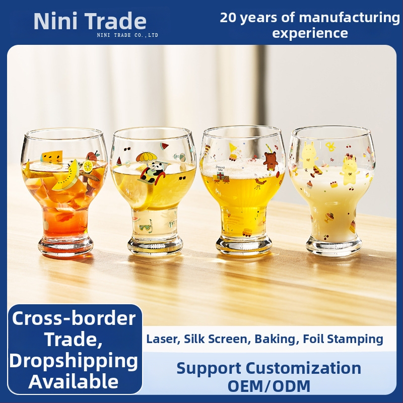 Stiklinė puodelis, aukštos borosilikato stiklo, apvali forma, karikatūros raštas, mielas stilius, logotipo spausdinimas