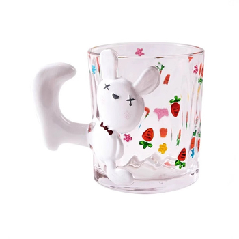 Krištolo stiklo puodelis su katės karikatūros dizainu, cilindrinė forma su rankenėle (krištolo stiklas; karikatūrinis stilius; cilindrinė forma; 200 g; pritaikymas įmanomas)