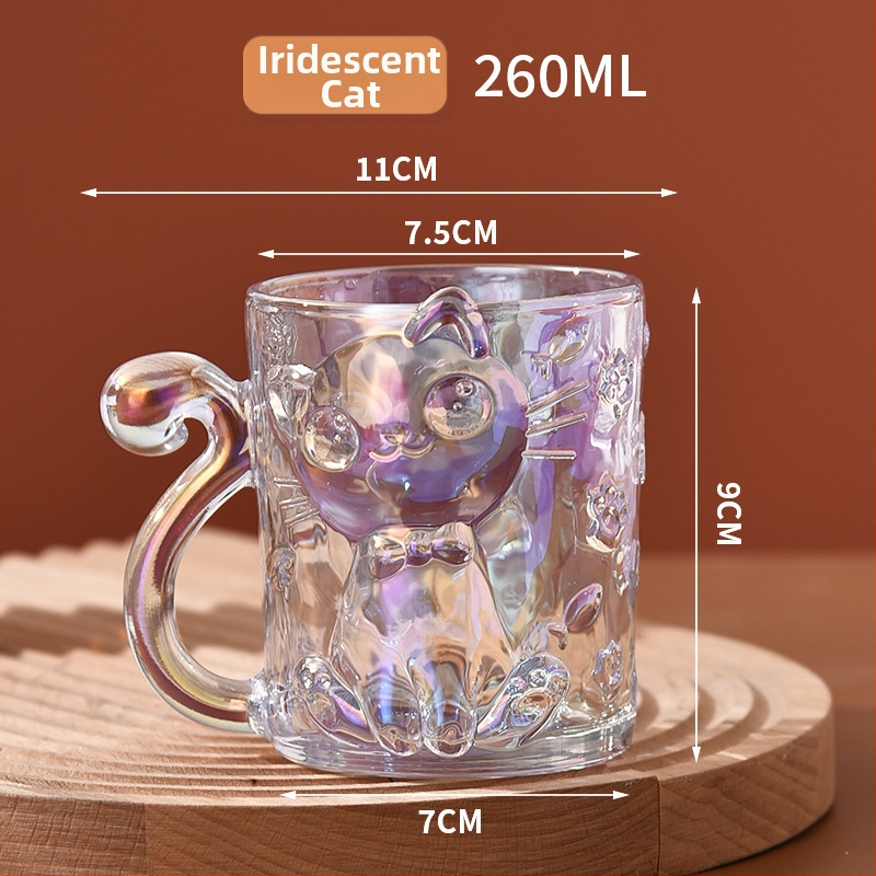 Krištolo stiklo puodelis su katės karikatūros dizainu, cilindrinė forma su rankenėle (krištolo stiklas; karikatūrinis stilius; cilindrinė forma; 200 g; pritaikymas įmanomas)