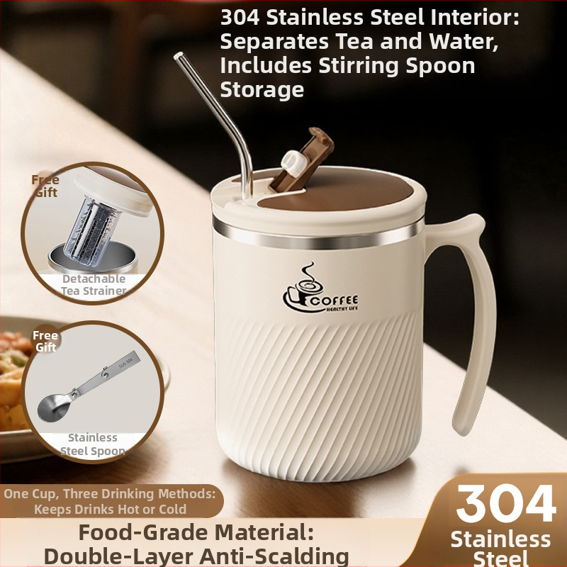Arbatinis puodelis su infuzoriumi, iš 304 nerūdijančio plieno, nešiojamas, su dangteliu ir šaukšteliu