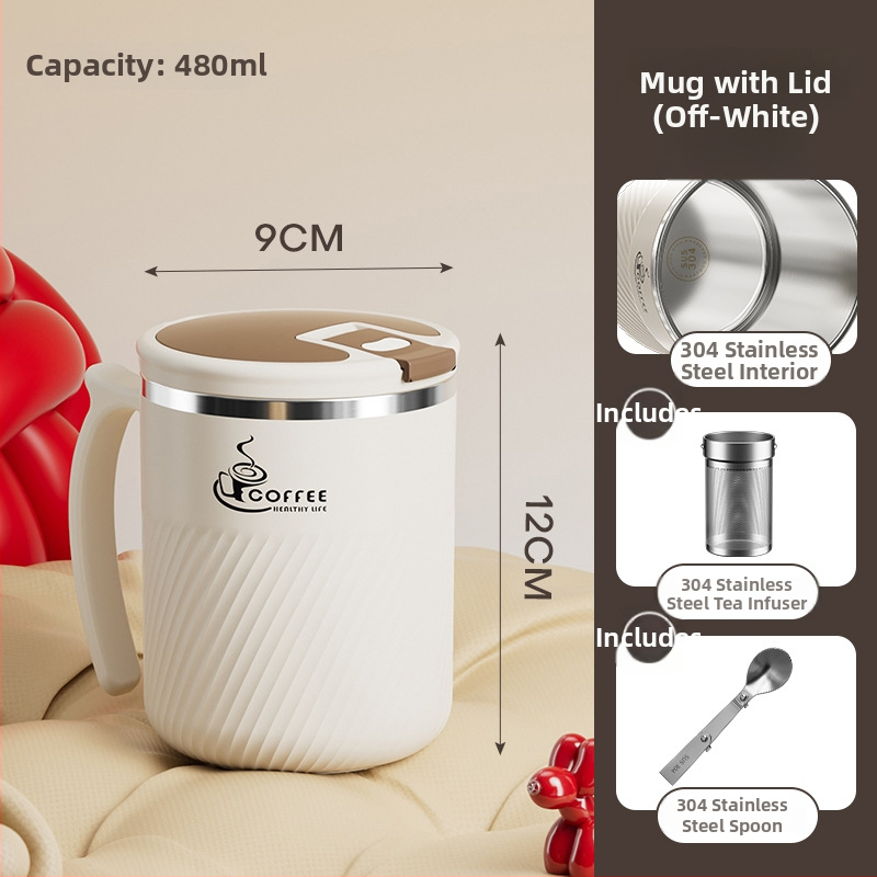 Arbatinis puodelis su infuzoriumi, iš 304 nerūdijančio plieno, nešiojamas, su dangteliu ir šaukšteliu