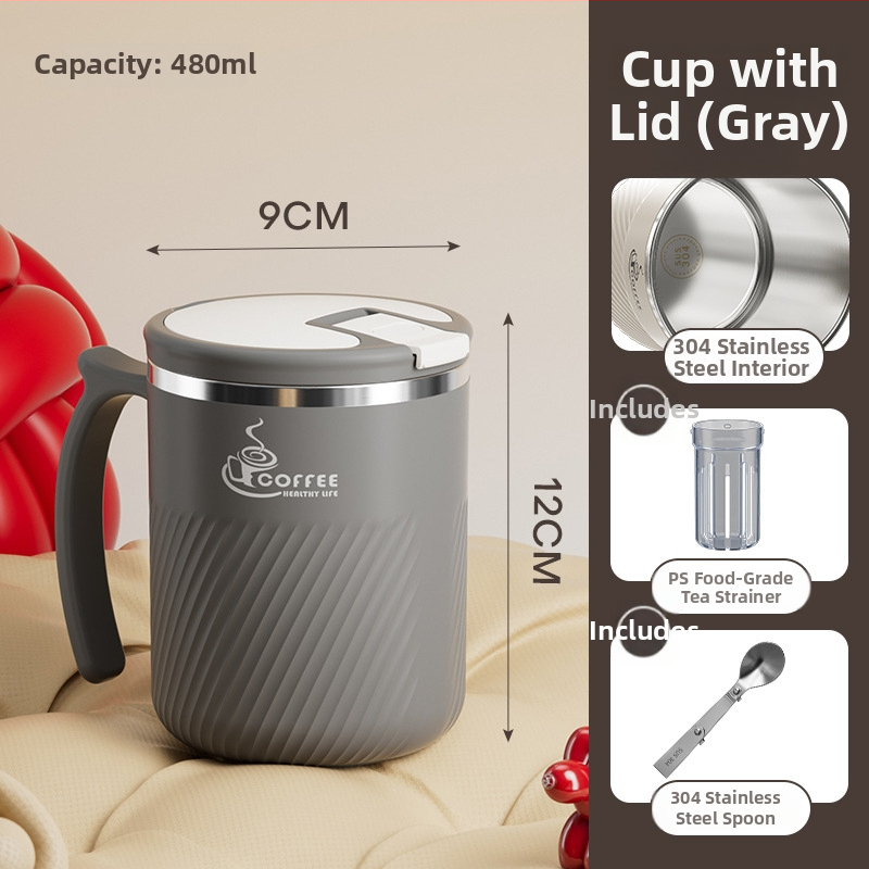 Arbatinis puodelis su infuzoriumi, iš 304 nerūdijančio plieno, nešiojamas, su dangteliu ir šaukšteliu