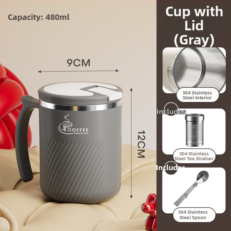 Arbatinis puodelis su infuzoriumi, iš 304 nerūdijančio plieno, nešiojamas, su dangteliu ir šaukšteliu