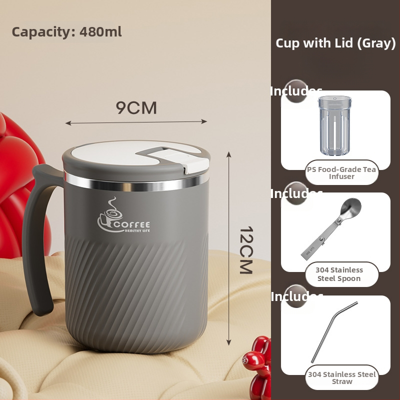 Arbatinis puodelis su infuzoriumi, iš 304 nerūdijančio plieno, nešiojamas, su dangteliu ir šaukšteliu