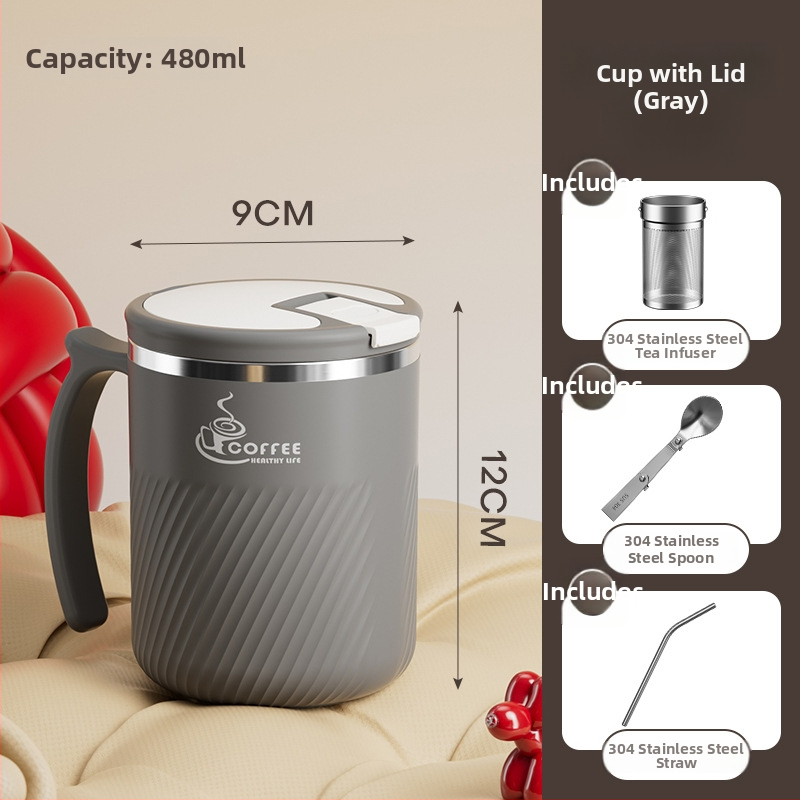 Arbatinis puodelis su infuzoriumi, iš 304 nerūdijančio plieno, nešiojamas, su dangteliu ir šaukšteliu