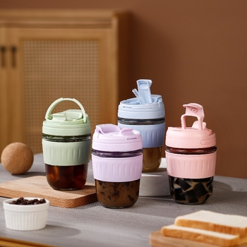 Izoliuotas stiklo vandens puodelis, nepralaidus, su dangteliu ir šiaudeliu