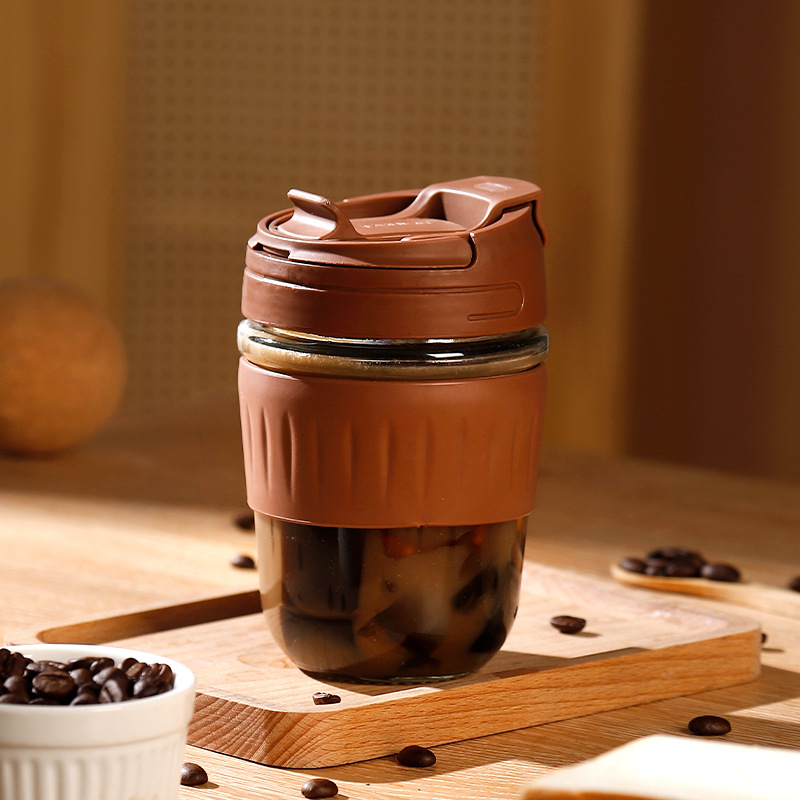 Izoliuotas stiklo vandens puodelis, nepralaidus, su dangteliu ir šiaudeliu