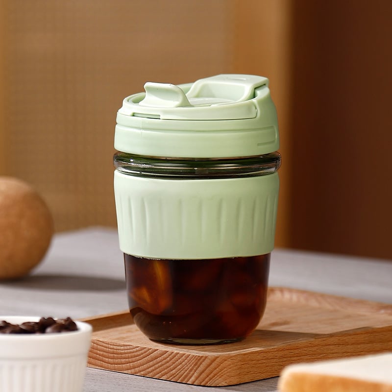 Izoliuotas stiklo vandens puodelis, nepralaidus, su dangteliu ir šiaudeliu