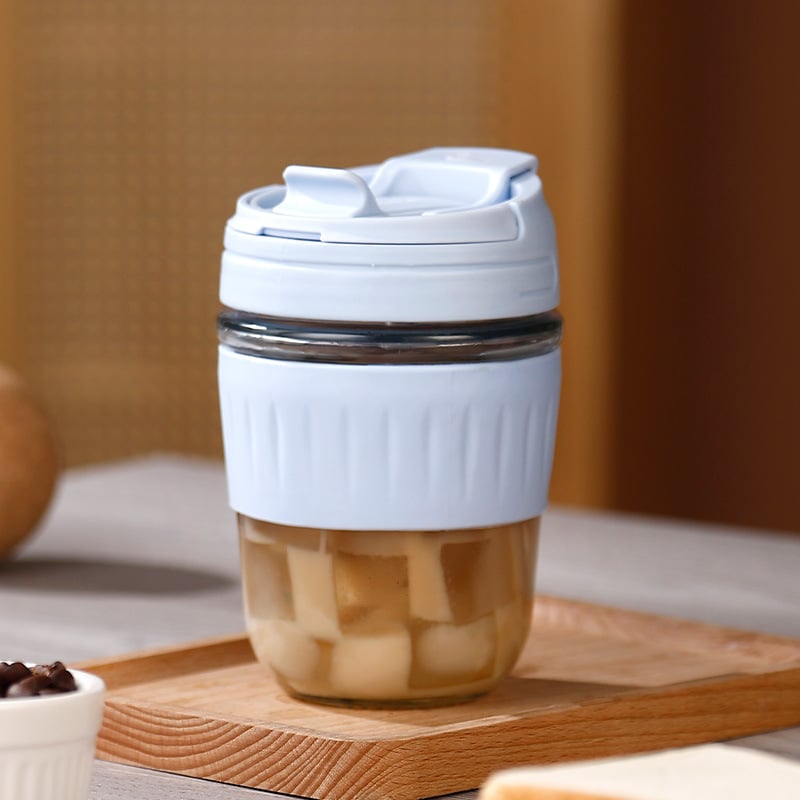 Izoliuotas stiklo vandens puodelis, nepralaidus, su dangteliu ir šiaudeliu