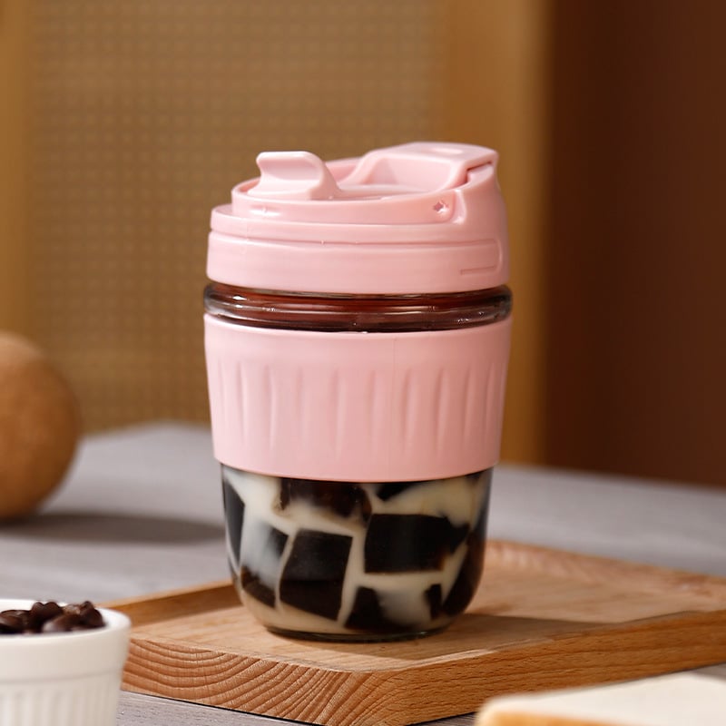 Izoliuotas stiklo vandens puodelis, nepralaidus, su dangteliu ir šiaudeliu