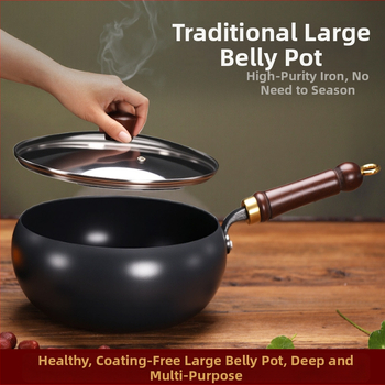 Geležinis wok su dideliu pilvu, be dangos, plokščiu dugnu, stiklo dangteliu, 1,4 kg, kinų stilius, suderinamas su dujinėmis/indukcinėmis/elektrinėmis viryklėmis