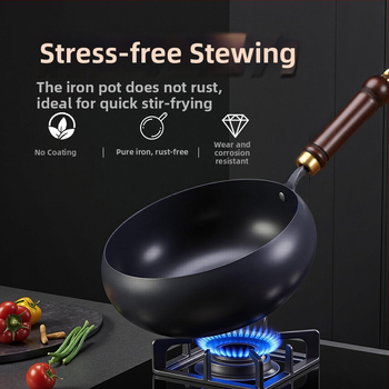 Geležinis wok su dideliu pilvu, be dangos, plokščiu dugnu, stiklo dangteliu, 1,4 kg, kinų stilius, suderinamas su dujinėmis/indukcinėmis/elektrinėmis viryklėmis