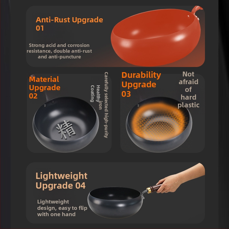 Geležinis wok su dideliu pilvu, be dangos, plokščiu dugnu, stiklo dangteliu, 1,4 kg, kinų stilius, suderinamas su dujinėmis/indukcinėmis/elektrinėmis viryklėmis