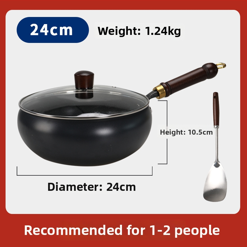 Geležinis wok su dideliu pilvu, be dangos, plokščiu dugnu, stiklo dangteliu, 1,4 kg, kinų stilius, suderinamas su dujinėmis/indukcinėmis/elektrinėmis viryklėmis