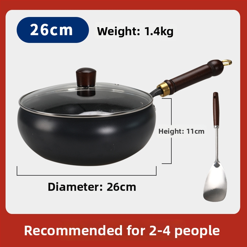 Geležinis wok su dideliu pilvu, be dangos, plokščiu dugnu, stiklo dangteliu, 1,4 kg, kinų stilius, suderinamas su dujinėmis/indukcinėmis/elektrinėmis viryklėmis