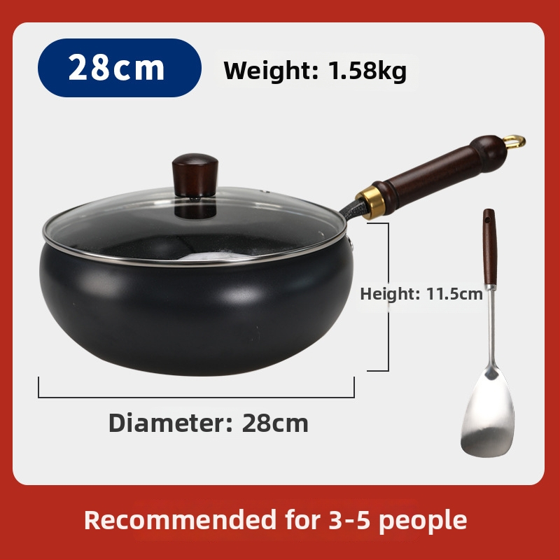 Geležinis wok su dideliu pilvu, be dangos, plokščiu dugnu, stiklo dangteliu, 1,4 kg, kinų stilius, suderinamas su dujinėmis/indukcinėmis/elektrinėmis viryklėmis