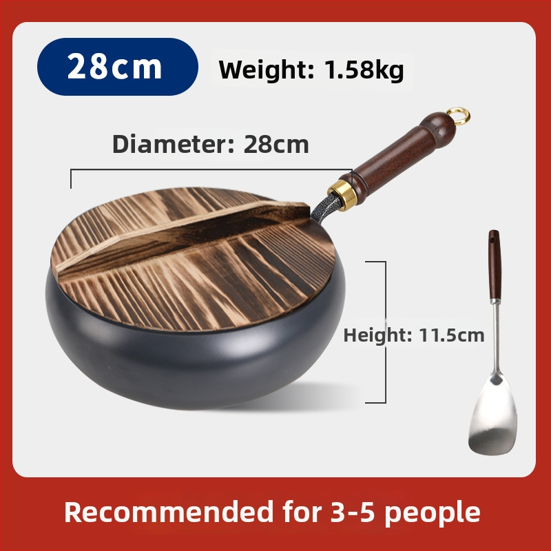 Geležinis wok su dideliu pilvu, be dangos, plokščiu dugnu, stiklo dangteliu, 1,4 kg, kinų stilius, suderinamas su dujinėmis/indukcinėmis/elektrinėmis viryklėmis