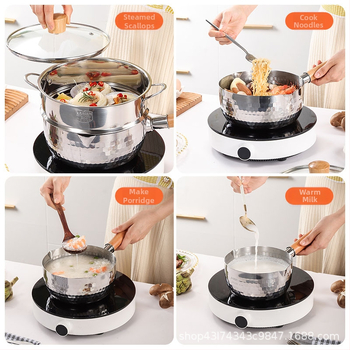 Pieninė keptuvė iš 304 nerūdijančio plieno, japoniško stiliaus, be dangos, su garinimo įdėklu ir stiklo dangčiu, vieno dugno, modelis 5485754