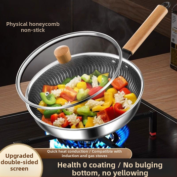 Maifan akmeniu WOK keptuvė, nelipni, 316 nerūdijančio plieno, stiklo dangtelis, viengubas dugnas