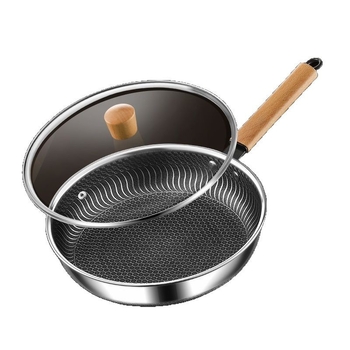Maifan akmeniu WOK keptuvė, nelipni, 316 nerūdijančio plieno, stiklo dangtelis, viengubas dugnas
