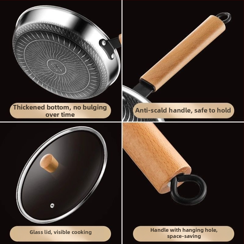 Maifan akmeniu WOK keptuvė, nelipni, 316 nerūdijančio plieno, stiklo dangtelis, viengubas dugnas