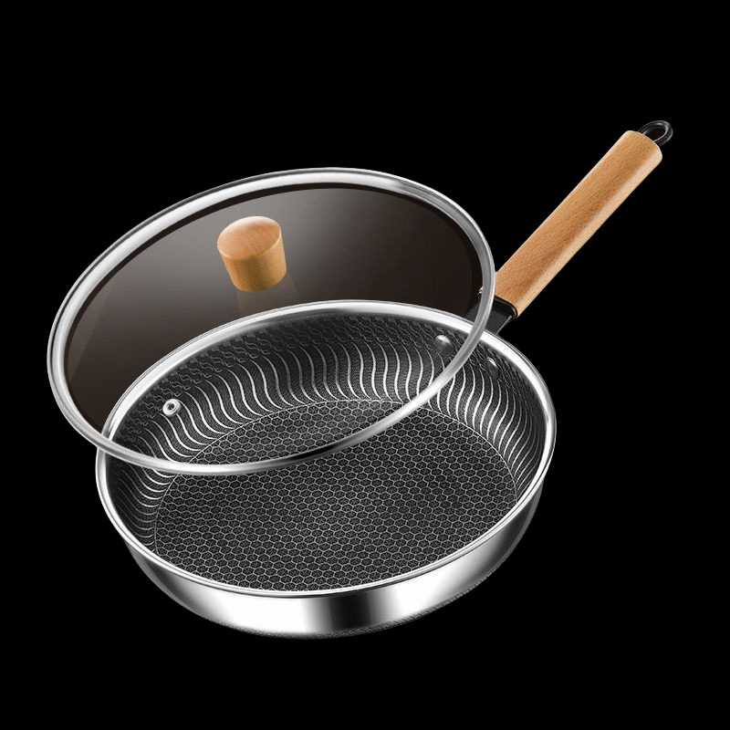 Maifan akmeniu WOK keptuvė, nelipni, 316 nerūdijančio plieno, stiklo dangtelis, viengubas dugnas