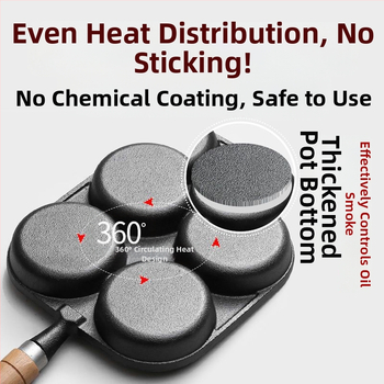 Ketaus kiaušinių keptuvė su 4 skylėmis, nelipnus paviršius, 2 cm gylis, 1 kg svoris, tinka visoms kaitlentėms