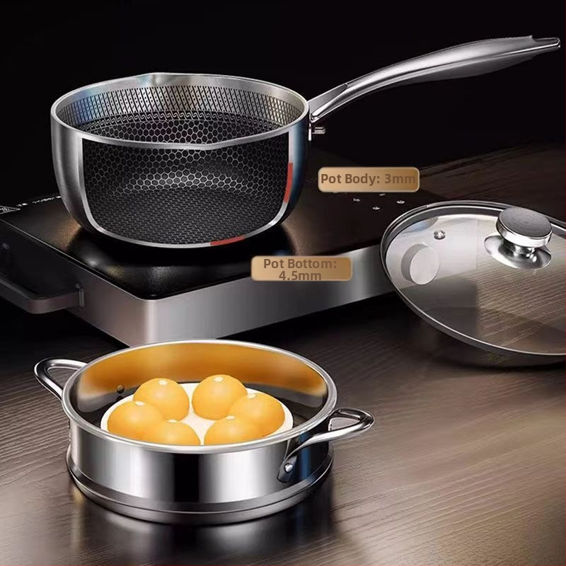 Pieno puodas iš 316 nerūdijančio plieno su medaus tinklo nelipia danga, stiklo dangtis ir daugiasluoksnis dugnas, modelis FW-XPG