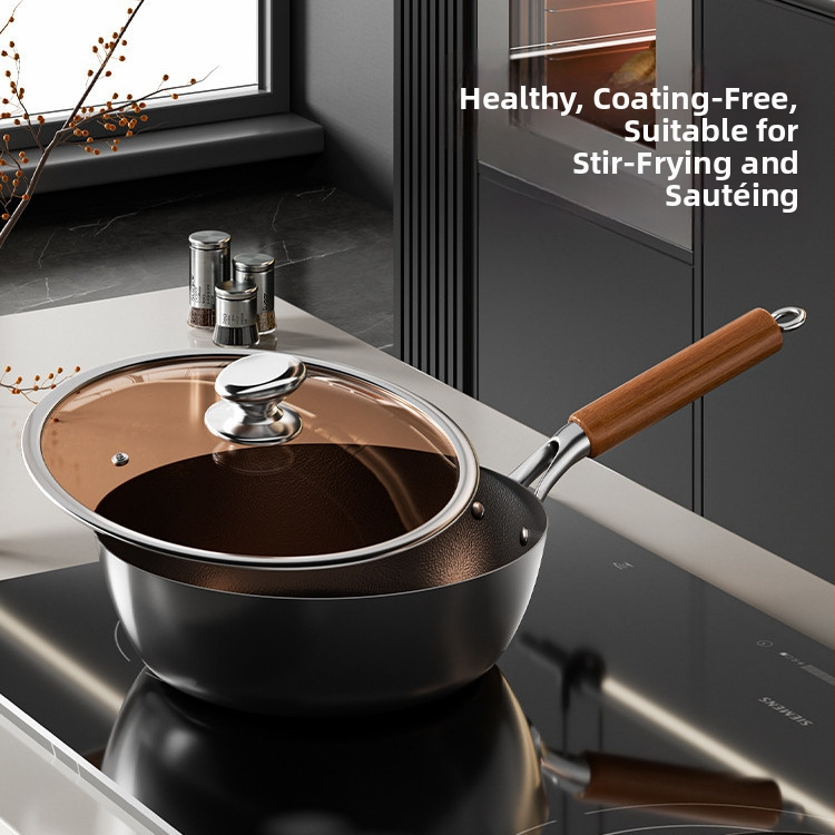 Titano-geležinis wokas, vieno dugno, stiklinis dangtis, atsparus rūdijimui, galimybė personalizuoti